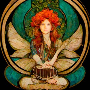 cass art nouveau fairy performance performances AI Midjourney image of Cassandra Mulcahy's face playing a Drum. Dressed as an Art Nouveau Fairy in Green performance performances